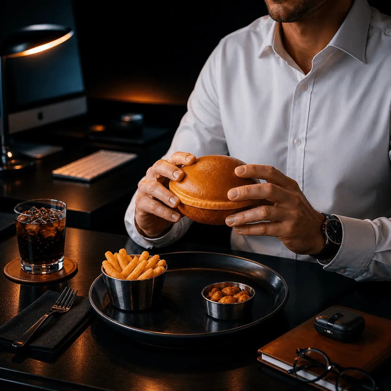 Osoba jede Less Mess burger bez curenja i mrlja na odjeći